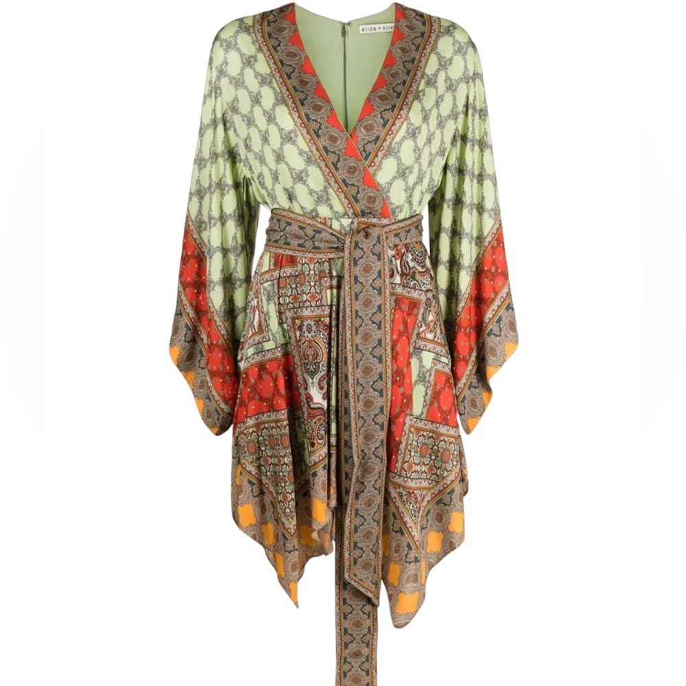 NWT Alice & Olivia Haveri Kimono Belted Mini Dress In Multi, Size 6